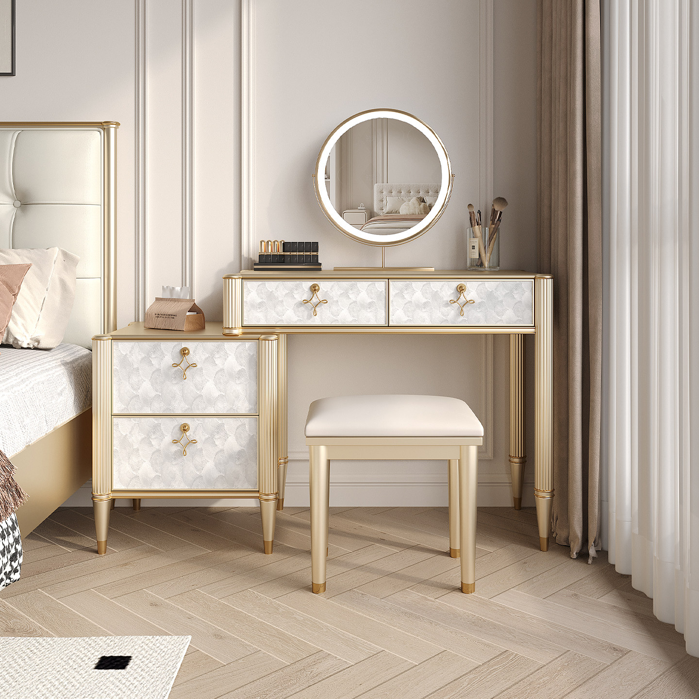 法式轻奢实木梳妆台带镜梳妆桌收纳柜一体小户型卧室化妆桌高级感