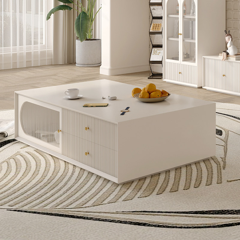 法式奶油风实木茶几客厅白色落地茶桌小户型家用现代简约欧式储物