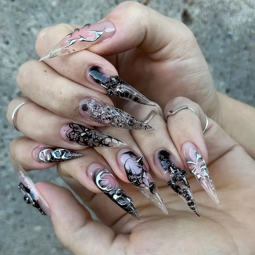 欧美风暗黑金属花纹杏仁穿戴甲