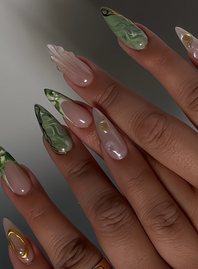 跨境欧美按压式甜酷绿色波浪渐变新工艺高级珍珠杏仁型中款穿戴甲