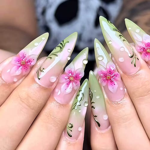 3D粉花渐变中长尖穿戴甲