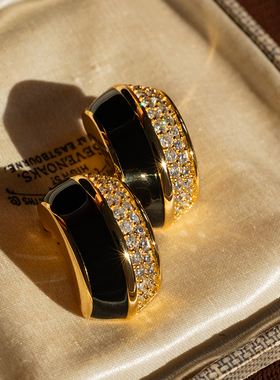 【埃莉诺】Vintage自制黑金镶钻耳夹耳饰 复古中古珐琅宫廷风高级