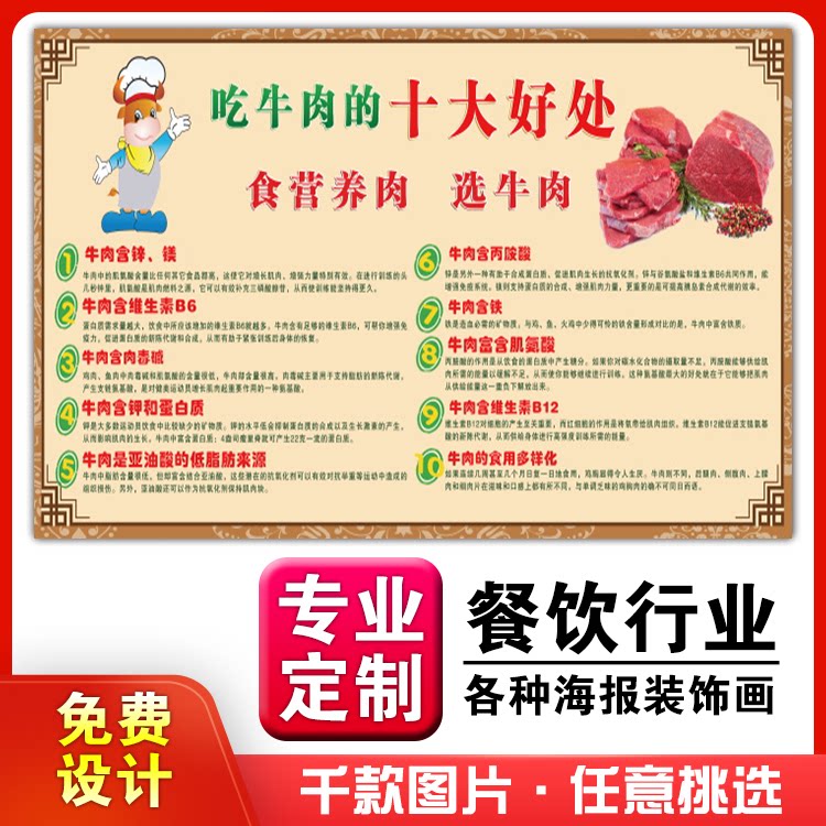 美食餐馆菜品饭店粘贴kt板宣传挂墙画做广告海报定制吃牛肉的好处