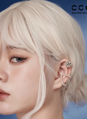 CC&OO黑色山茶花耳夹女无耳洞蕾丝花边珍珠耳环ins复古耳骨夹套装