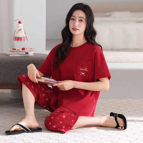 撤柜纯棉睡衣女夏季三件套带胸垫免穿文胸短袖短裤七分裤可外穿家