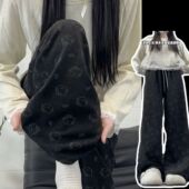 撤柜大码 垂感高腰小个子直筒休闲阔 新款 小猫印花糯米裤 女早春秋季