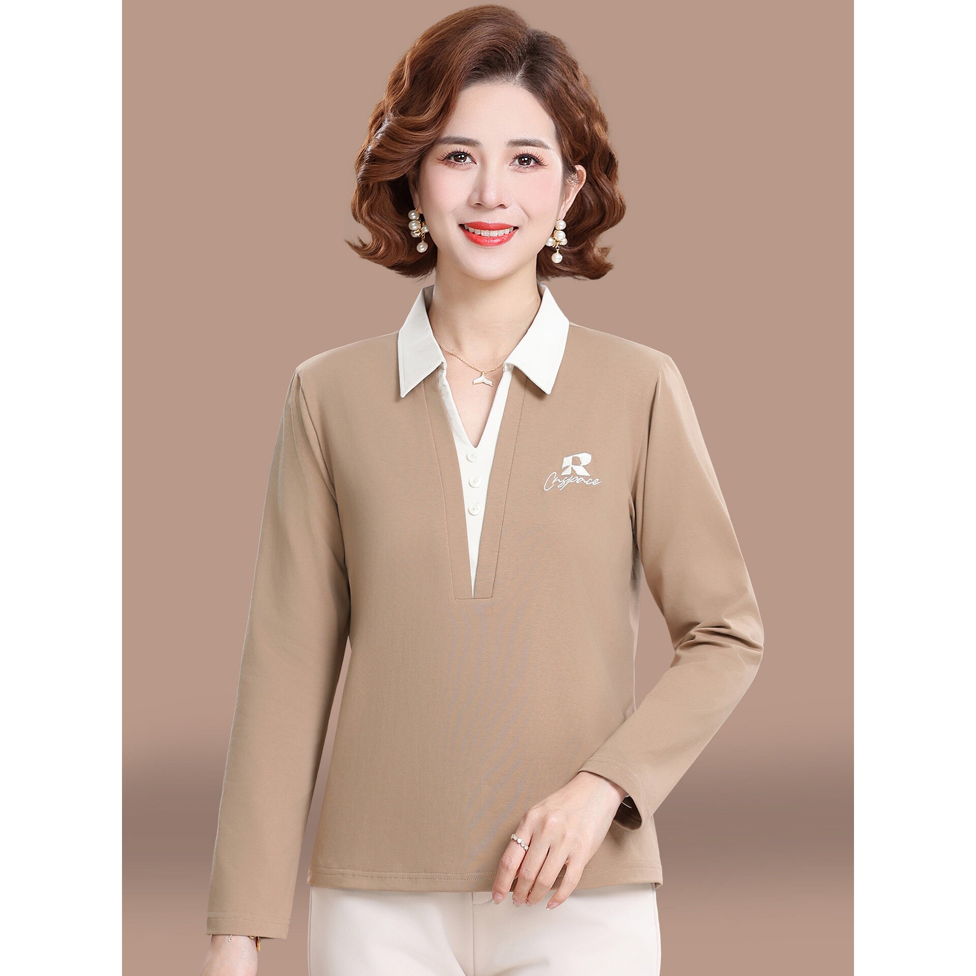 撤柜翻领长袖t恤女新款春秋时髦洋气妈妈外穿polo衫春季薄款上衣