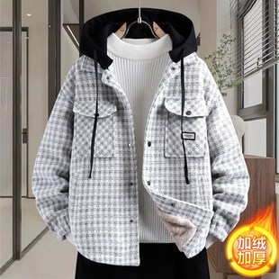 品牌断码假两件毛呢外套男秋冬季青少年加绒加厚夹克初中高中学生