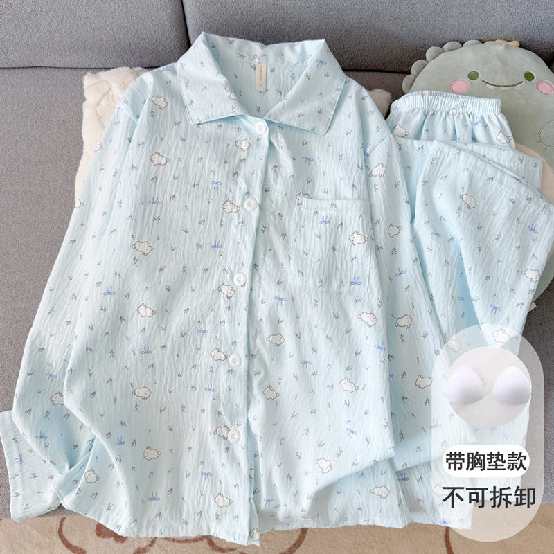 撤柜带胸垫可爱碎花小兔纯棉纱布睡衣女款新款春秋夏季长袖家居服
