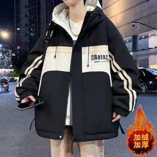 品牌断码外套男秋冬款青少年潮牌宽松加绒加厚夹克初中高中学生冬