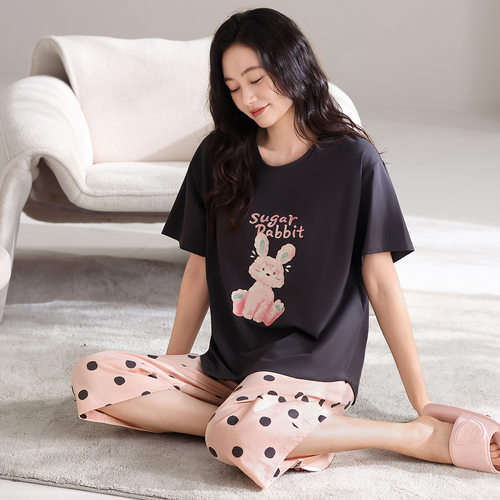 撤柜带胸垫睡衣女柔软纯棉短袖七分裤薄款夏天女士可爱卡通家居服