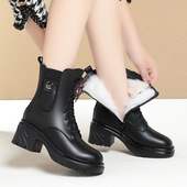 靴子棉鞋 撤柜真皮加绒平底系带马丁靴中年妈妈女鞋 短靴中老年皮鞋