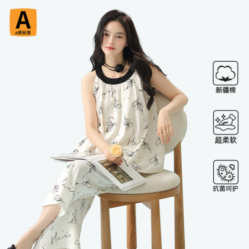 撤柜睡衣女士夏季纯棉新款背心无袖八分裤甜美圆领夏天家居服套装