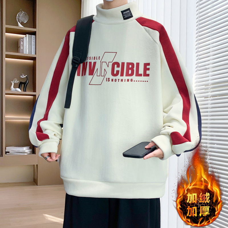 唯品会秋冬季半高领卫衣男孩初中高中学生加绒加厚青少年大童长袖