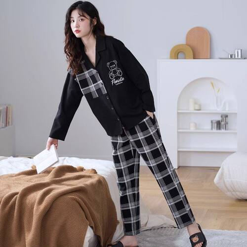 撤柜睡衣女春秋长袖长裤新款秋季纯棉大码格子外穿时尚卡通家居服