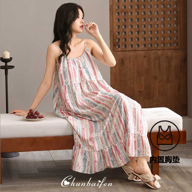 撤柜夏季云朵棉睡裙女吊带无袖背心宽松带胸垫新款条纹连衣裙家居