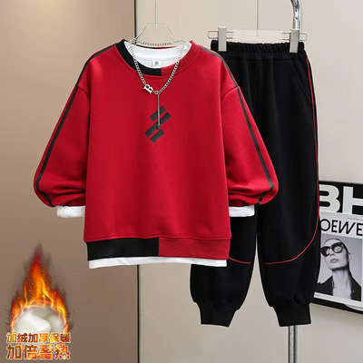 明星同款男童字母套装新款秋冬款男孩时髦儿童加绒加厚卫衣冬季运