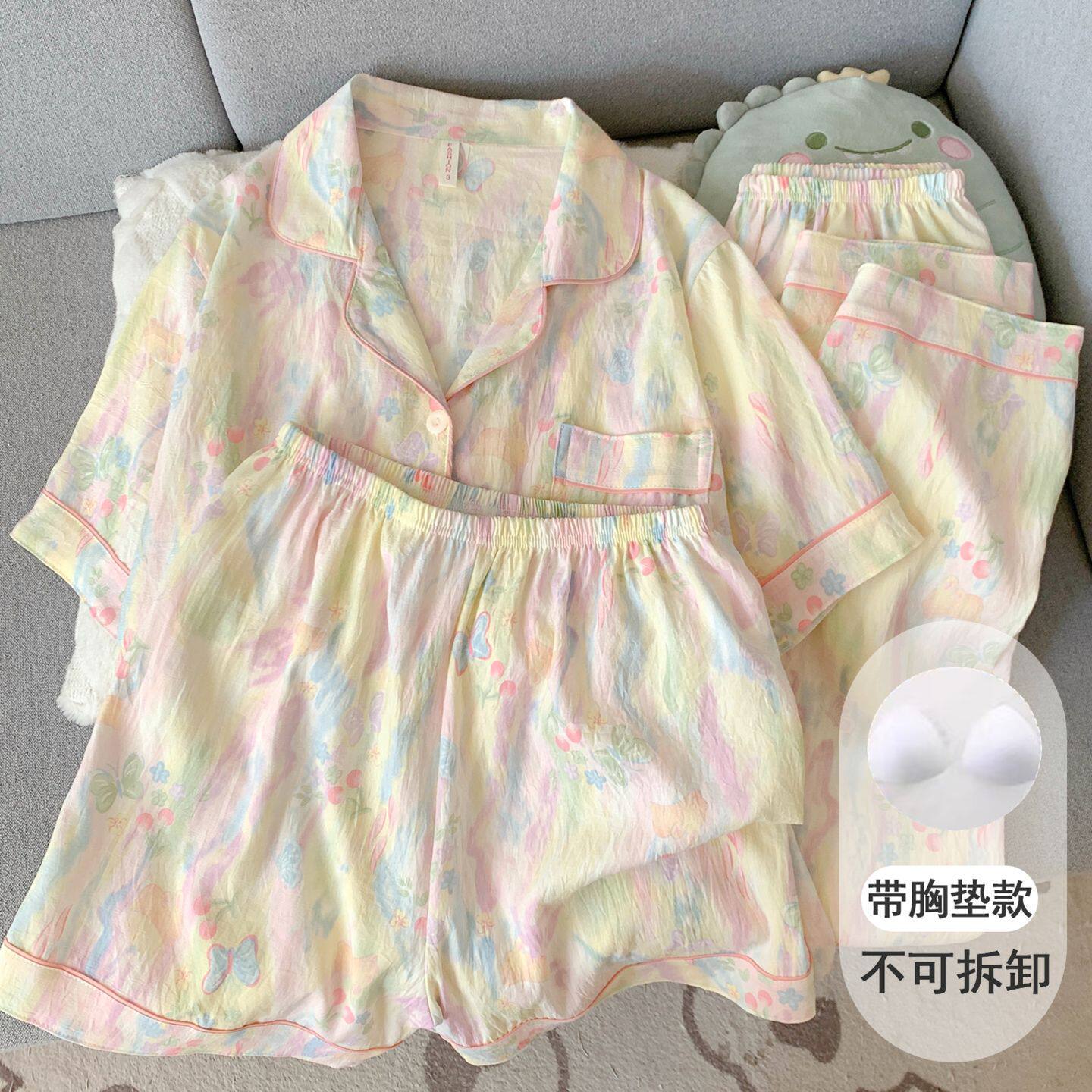 撤柜带胸垫晕染花朵睡衣女款夏季云朵纯棉纱短袖甜美少女三件套家