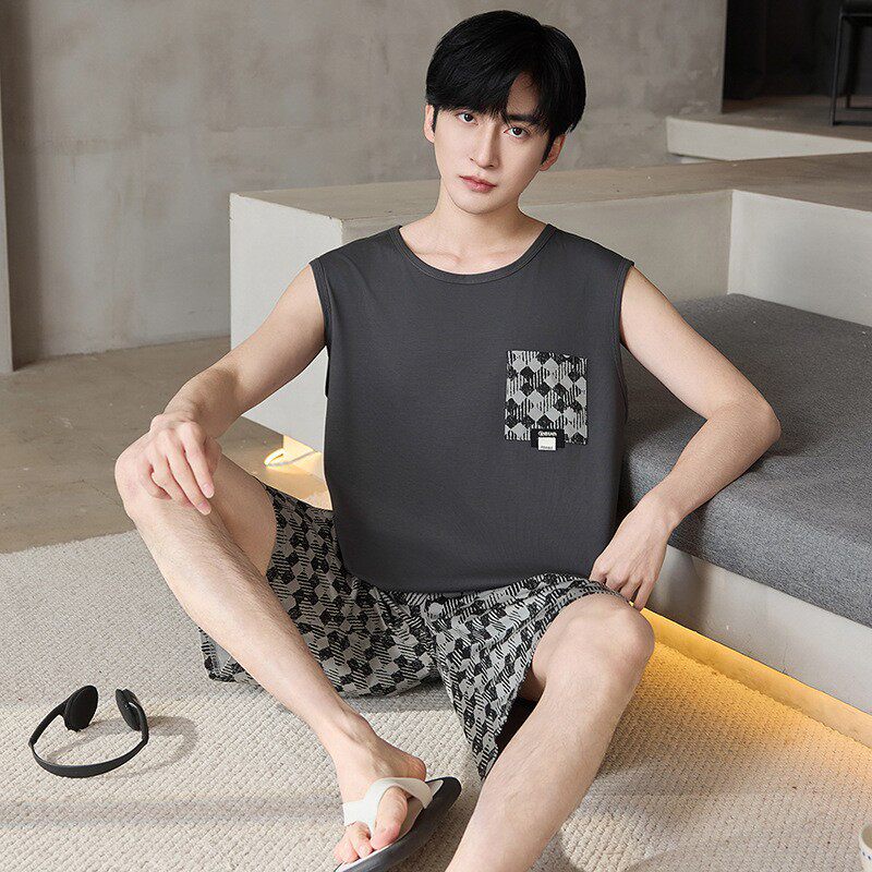 撤柜新款男士莱赛尔睡衣男款无袖背心短袖男士加肥大码夏季薄款家