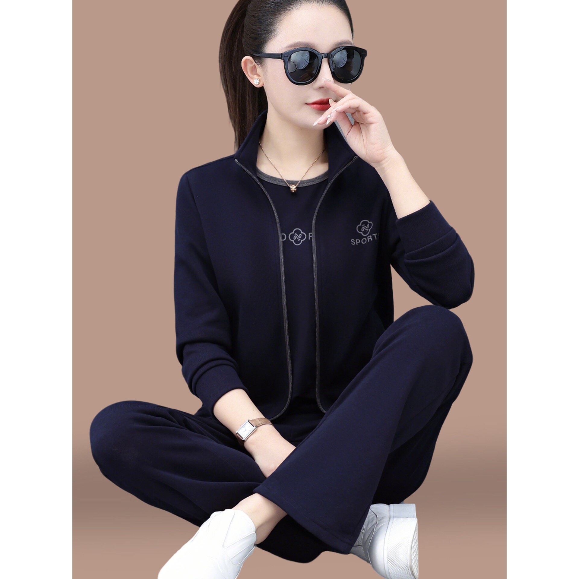 撤柜妈妈春装运动套装女新款春秋跑步宽松休闲开衫卫衣卫裤三件套