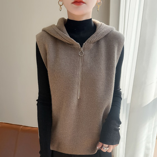 撤柜简约风半拉链毛针织马甲女秋冬连帽坎肩毛衣背心加厚保暖无袖