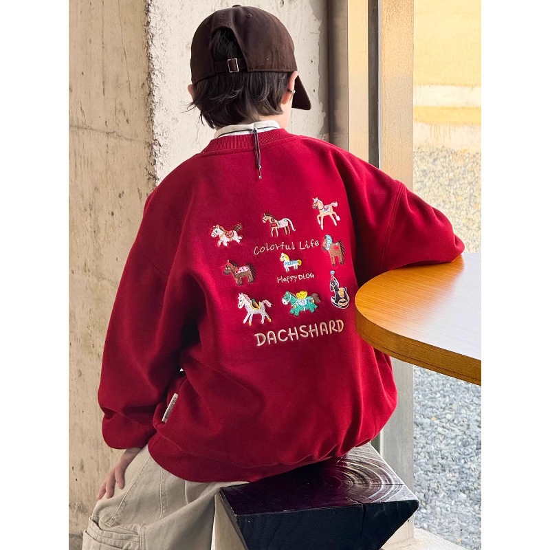 品牌断码男童卫衣秋冬款新款儿童装冬季一体加绒红色打底上衣大童