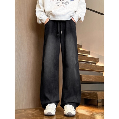 唯品会秋冬季加绒加厚牛仔裤子男孩青少年学生帅气大童阔腿直筒休