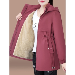 撤柜加绒加厚风衣外套女中长款新款秋冬中年妈妈连帽收腰显瘦上衣