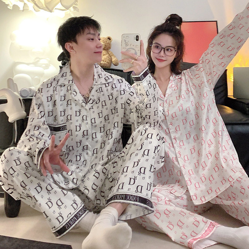 撤柜冰雪丝情侣睡衣女款春秋季长袖加大码高级感真丝绸男士家居服