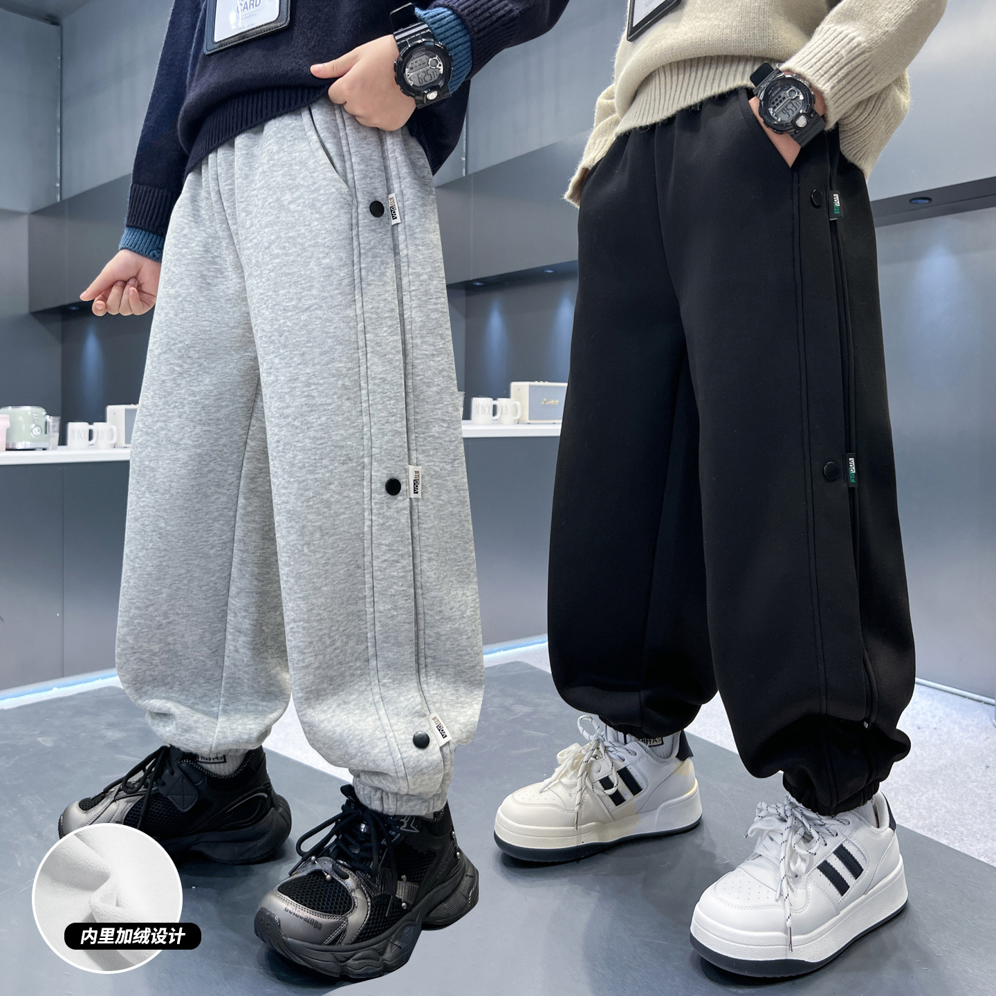 明星同款男童冬季加绒卫裤新款大儿童装运动休闲加厚保暖束脚裤长