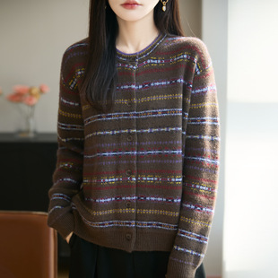 撤柜复古提花圆领针织开衫女秋冬内搭毛衣外套宽松显瘦长袖拼色打