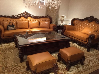 欧式美式古典实木豪宅别墅家具FF6四人沙发真皮 长茶几小方几