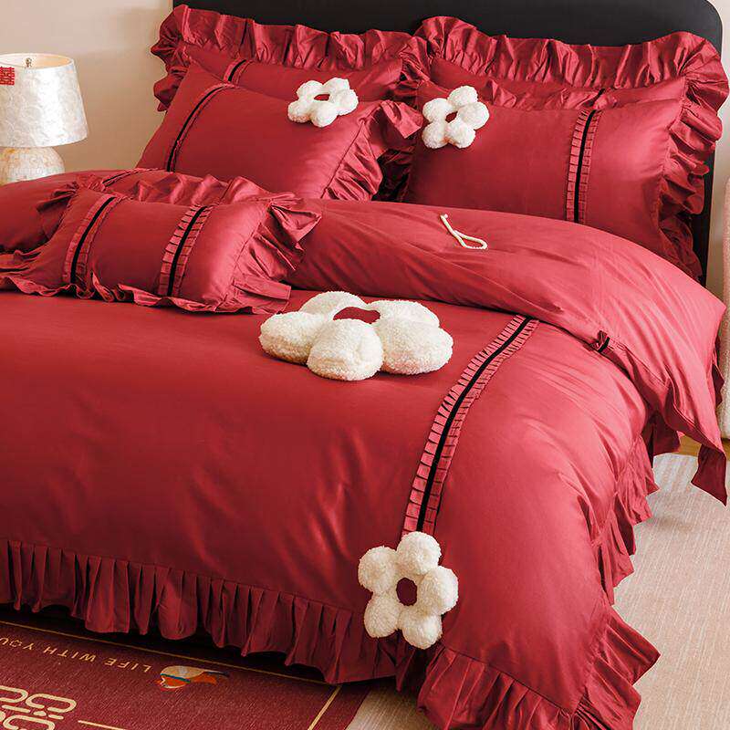 高端结婚100s长绒棉四件套纯棉婚庆床上用品红色被套公主风花朵