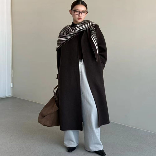 MOOTEA韩版冬季新款圆领收腰系带带围脖长款双面羊毛大衣外套女