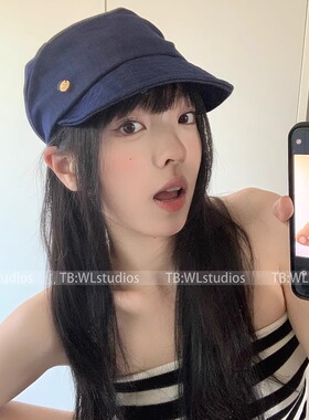 日系复古蓝色水洗牛仔马术帽子女气质时尚画家帽百搭报童帽鸭舌帽