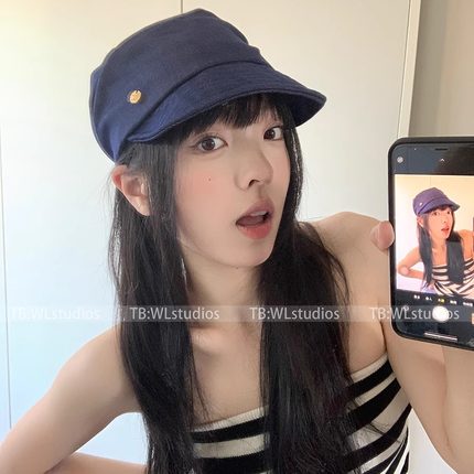 日系复古蓝色水洗牛仔马术帽子女气质时尚画家帽百搭报童帽鸭舌帽