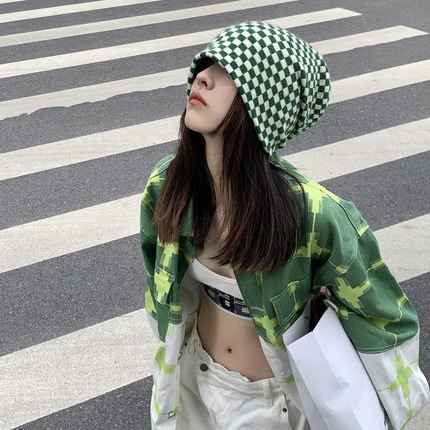 棋盘格子针织毛线帽女网红ins绿色帽子韩版秋冬保暖大头围堆堆帽