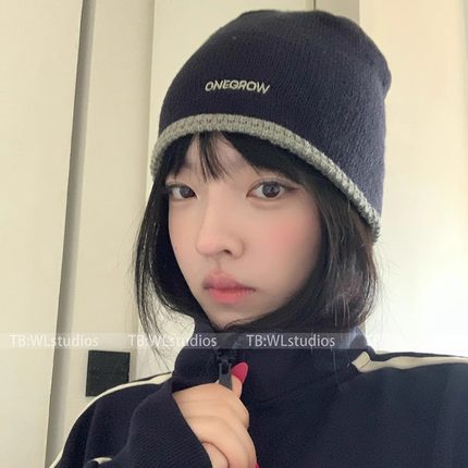 韩系刺绣针织堆堆帽女复古时尚显脸小百搭套头帽秋冬季保暖冷帽男