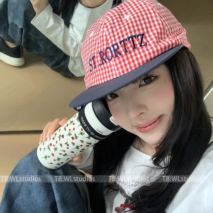 韩系复古格子字母刺绣平檐棒球帽子女夏季薄款宽檐遮阳软顶鸭舌帽