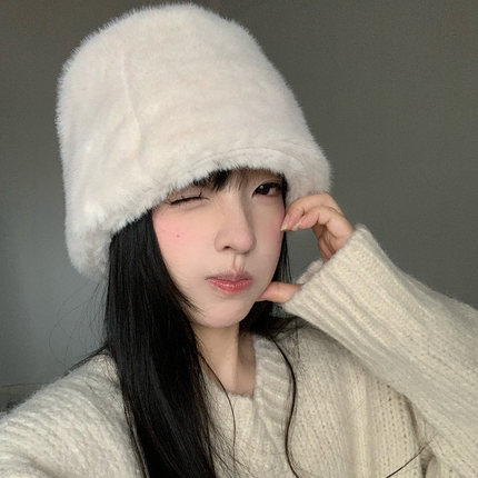 秋冬复古毛绒红色水桶帽女显脸小韩版百搭仿皮草渔夫帽盆帽圣诞帽