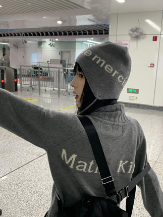 2023韩国ins秋冬字母飞行帽保暖护耳毛线帽个性百搭显脸小雷锋帽