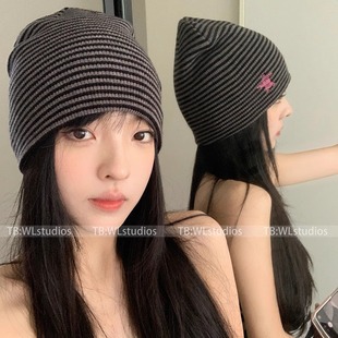 韩国ins博主同款星星条纹复古包头帽女秋冬百搭针织帽护耳毛线帽