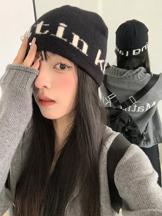 韩国ins百搭时尚针织毛线帽女秋冬字母大头围显脸小保暖护耳冷帽