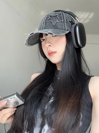 五角星破洞棒球帽复古做旧宽檐亮片帽子女夏季百搭显脸小鸭舌帽潮