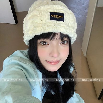 韩国简约双层卷边麻花针织帽女秋冬显脸小百搭毛线帽保暖护耳冷帽