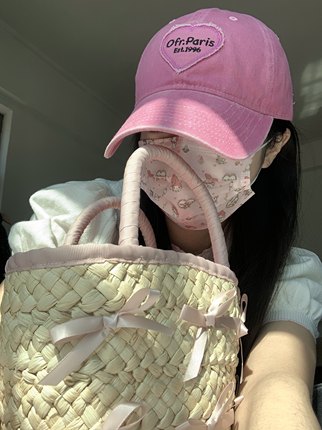 甜酷辣妹粉色爱心刺绣鸭舌帽大头围显脸小复古可爱春夏棒球帽子女