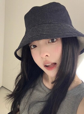 日系双面可戴牛仔渔夫帽女复古韩系夏季显脸小百搭水桶帽遮阳盆帽