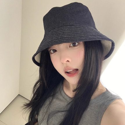 日系双面可戴牛仔渔夫帽女复古韩系夏季显脸小百搭水桶帽遮阳盆帽