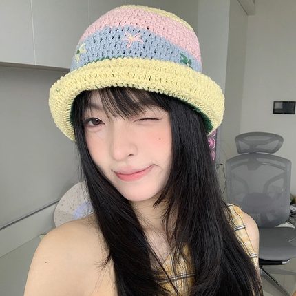 2025春夏季甜美可爱花朵针织渔夫帽子女显脸小钩针镂空薄款盆帽