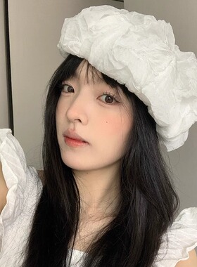 韩系小众设计白色泡泡纱贝雷帽女春夏夸张大版显脸小氛围感画家帽